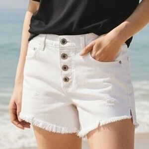 Free People White Denim Distressed Button Fly Raw Hem Cut Off Shorts Womens W28